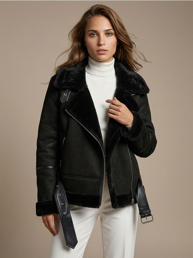 Sinsay - Geacă biker din imitație de piele întoarsă cu căptușeală tip shearling - negru