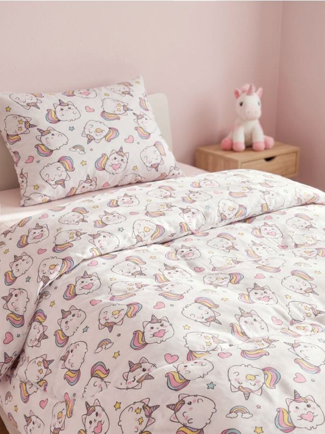 Sinsay - Set de lenjerie de pat din bumbac cu motiv de unicorni - alb