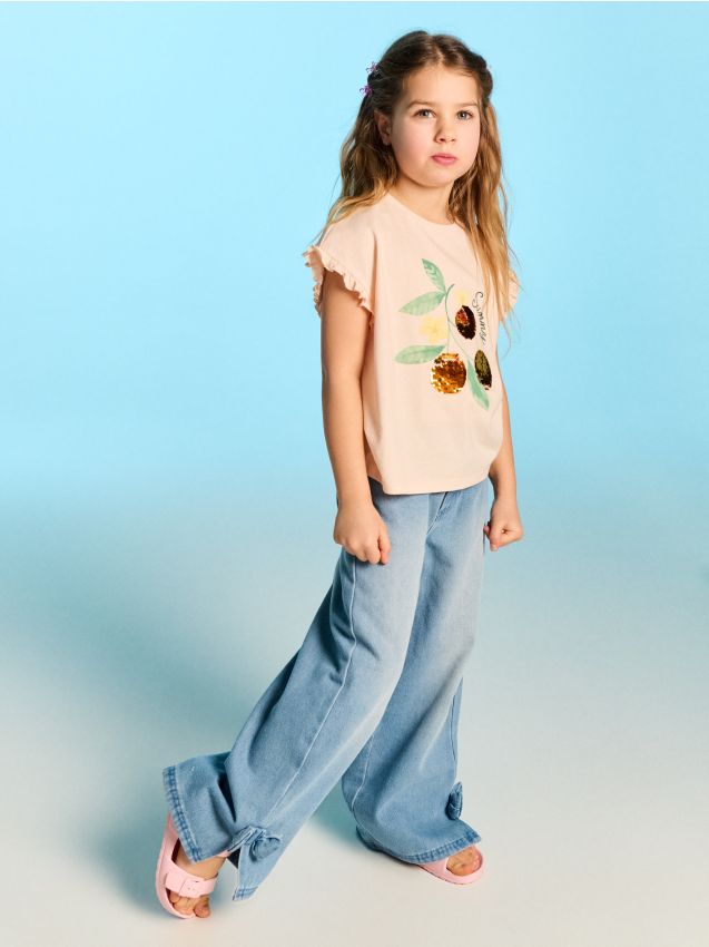 Sinsay - Tricou din bumbac cu paiete decorative - roz-piersică