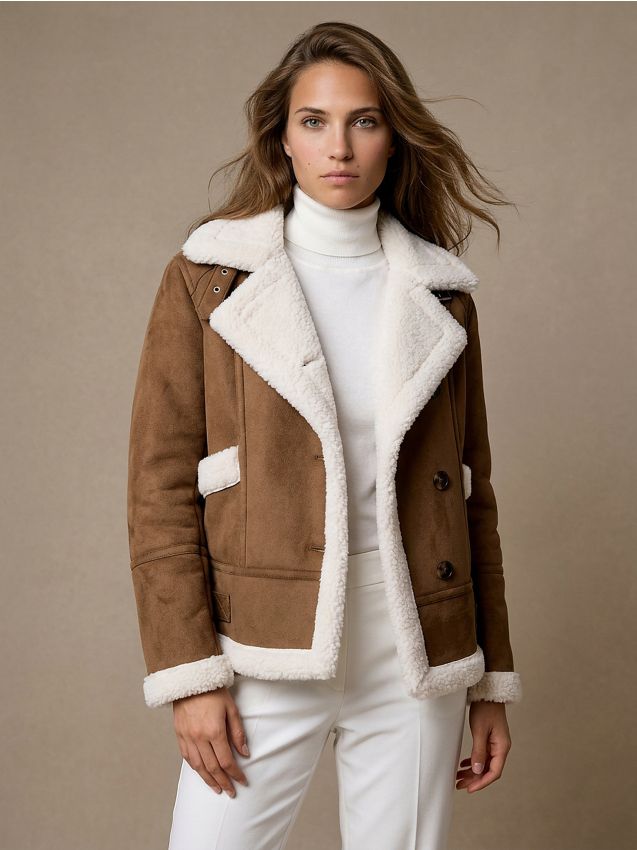 Sinsay - Geacă aviator din imitație de piele întoarsă cu căptușeală tip shearling - brun-auriu