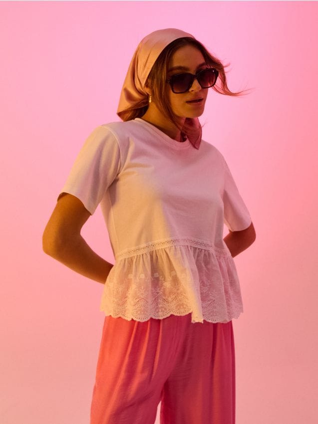 Sinsay - Bluză din bumbac cu detalii din dantelă - alb