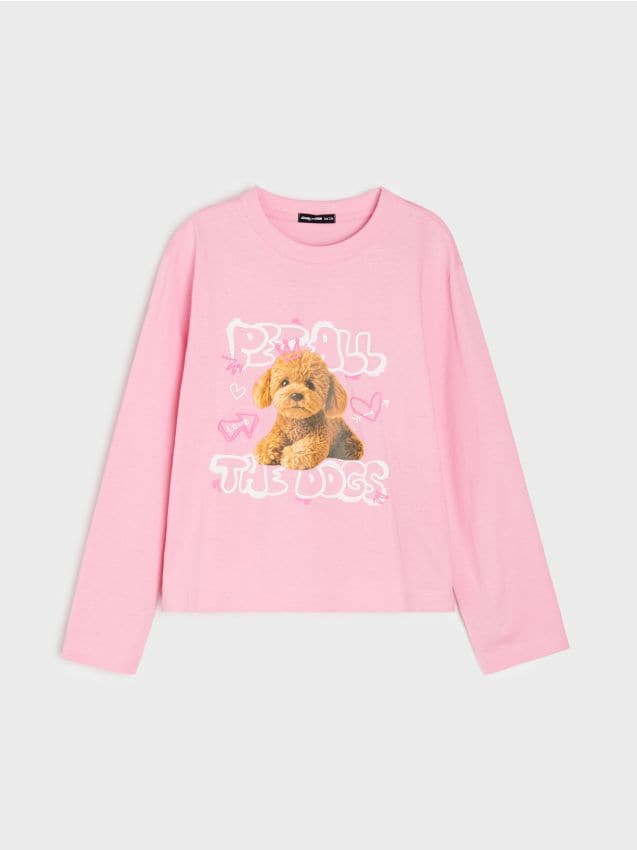Sinsay - Tricou din bumbac cu mânecă lungă și imprimeu Maltipoo - roz