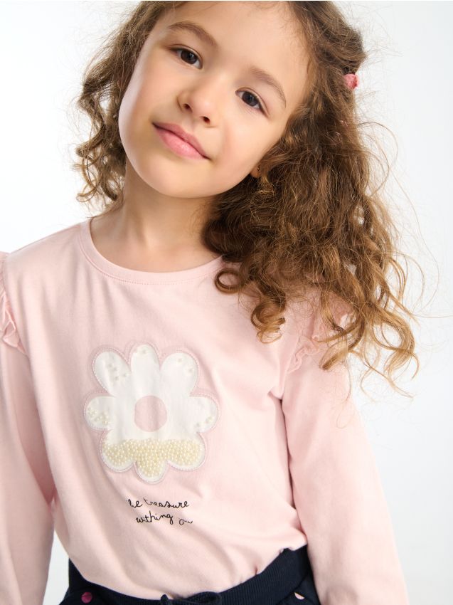 Sinsay - Tricou din bumbac cu mânecă lungă cu imprimeu floral lucios și volane - roz-pudră