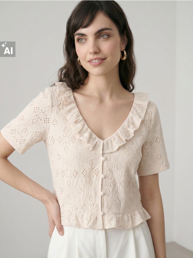 Sinsay - Bluza dantelată cu mâneci scurte și volane decorative - nude