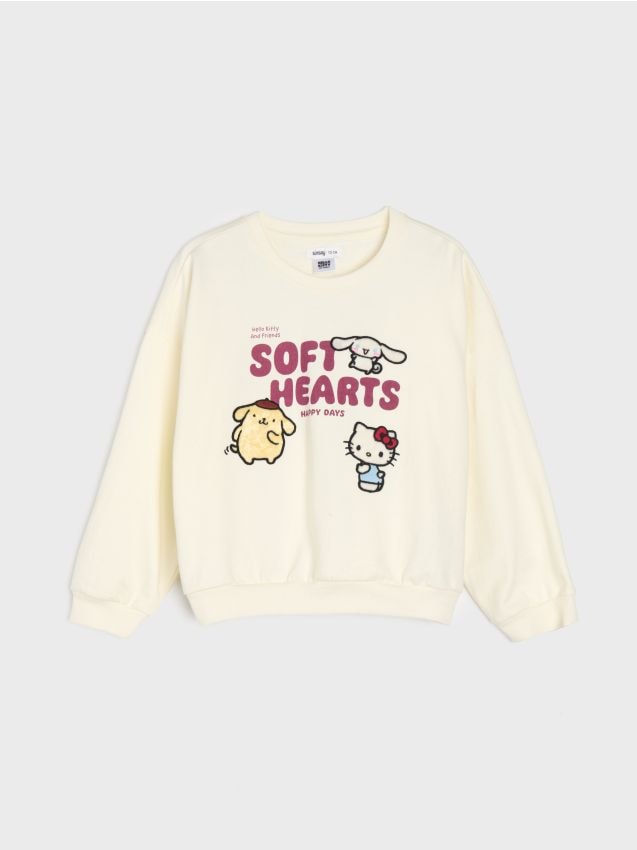 Sinsay - Bluză crewneck din bumbac cu aplicații Hello Kitty and Friends - crem