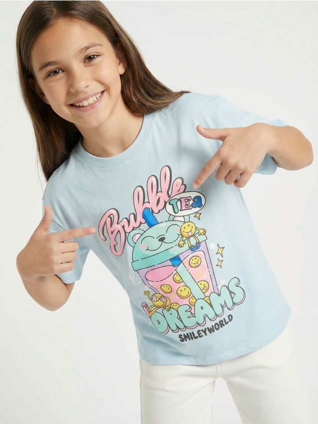 Sinsay - Tricou din bumbac cu imprimeu SmileyWorld - albastru-pal