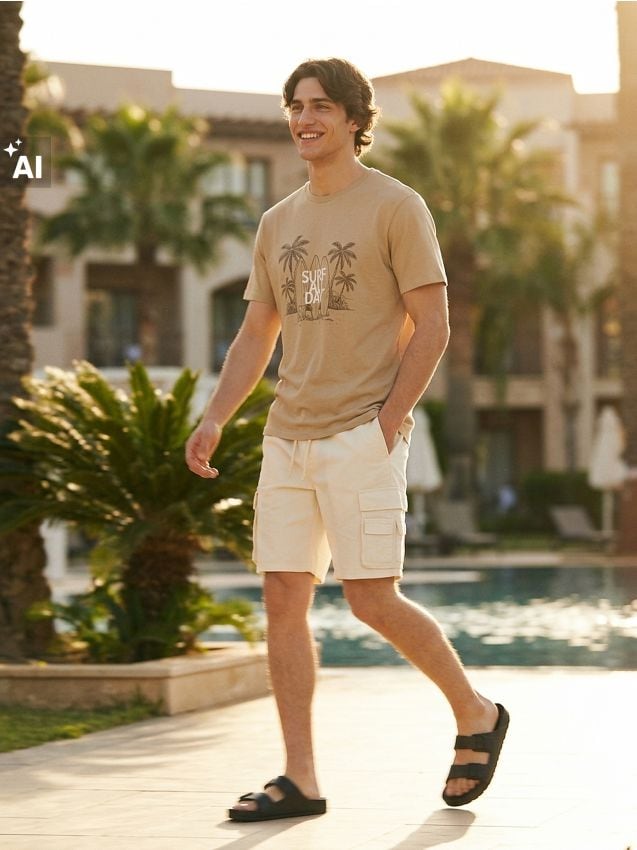 Sinsay - Tricou din bumbac cu imprimeu de vacanță - bej