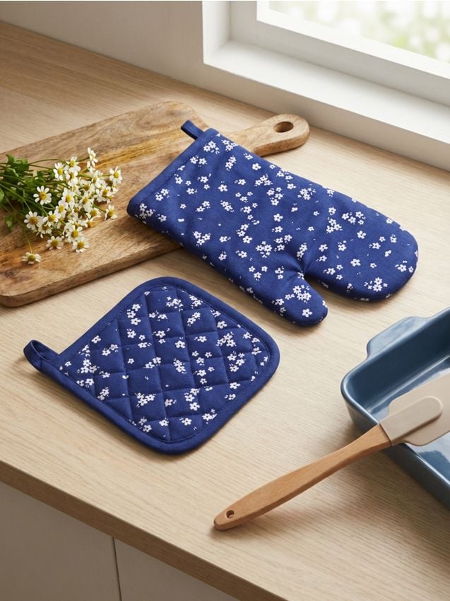 Sinsay - Mănușă și suport pentru oale cu model floral - bleumarin