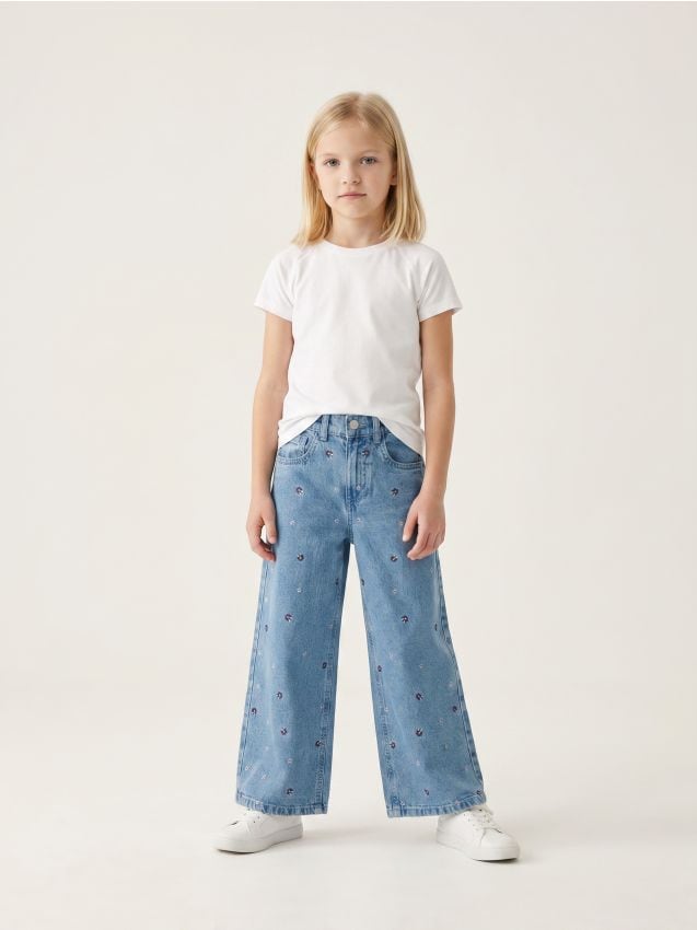 Sinsay - Pantaloni din denim wide leg cu flori brodate - multicolor