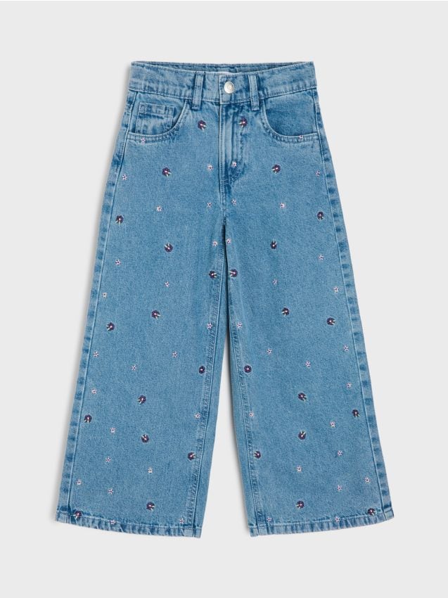 Sinsay - Pantaloni din denim wide leg cu flori brodate - multicolor