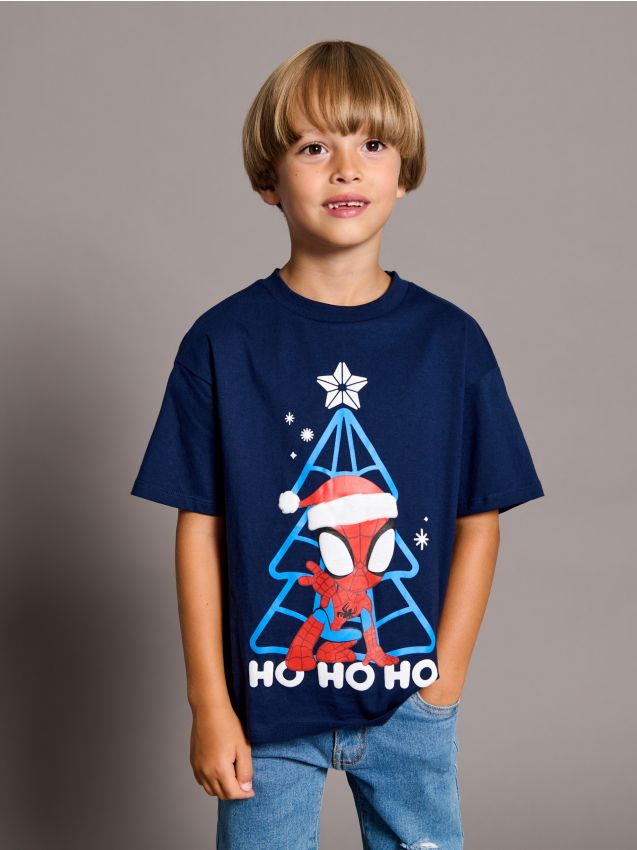 Sinsay - Świąteczna koszulka z nadrukiem Spider-Man - granatowy
