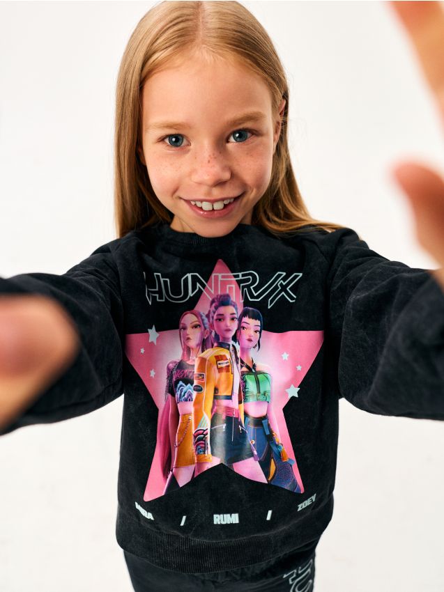 Sinsay - Hanorac din bumbac crewneck cu imprimeu K-Pop Demon Hunters - negru