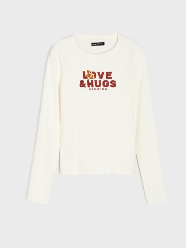 Sinsay - Tricou din bumbac cu mânecă lungă și text imprimat - crem