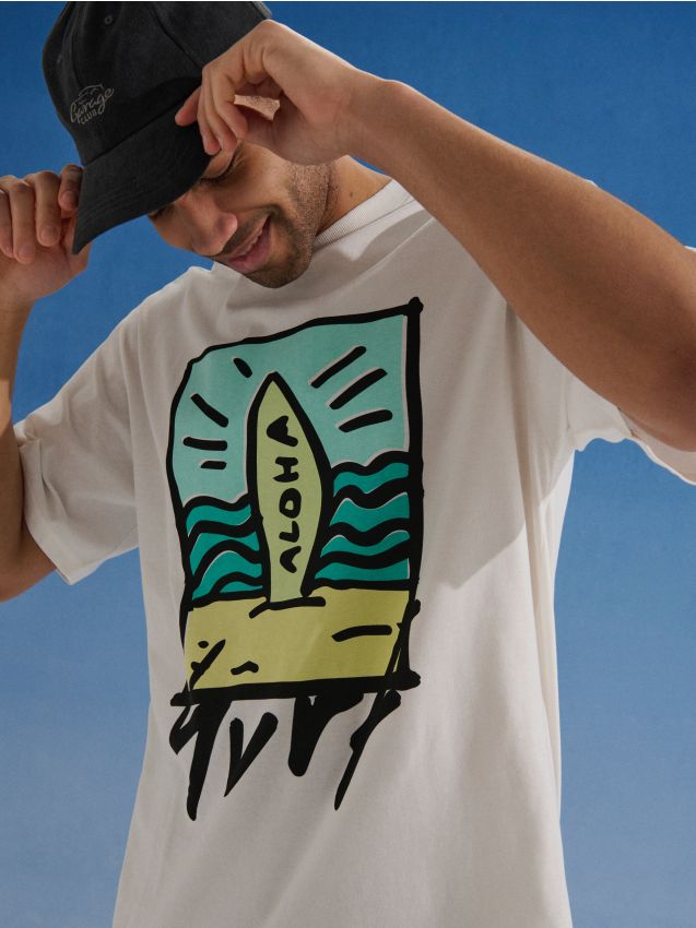 Sinsay - Tricou din bumbac cu imprimeu de vacanță - crem