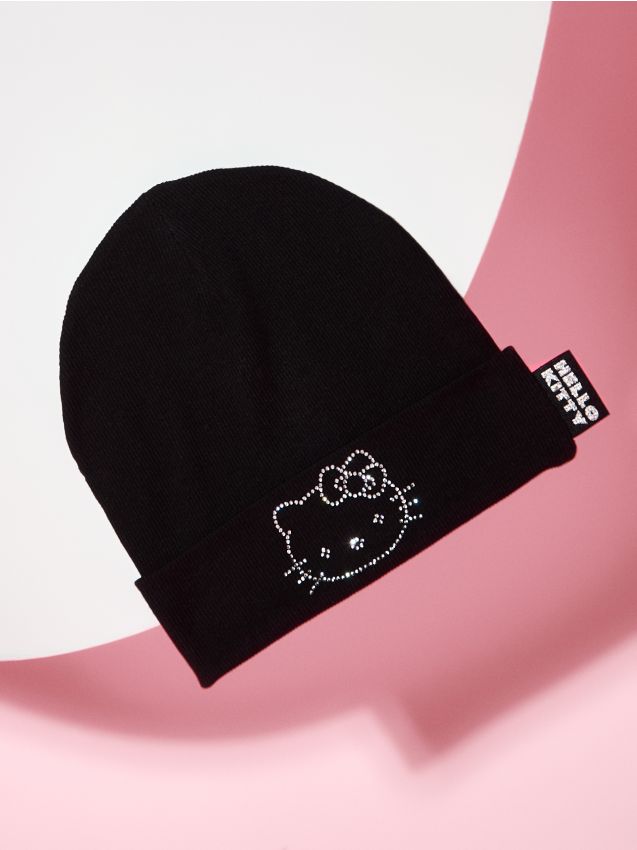 Sinsay - Căciulă reiată cu aplicație din strasuri Hello Kitty - negru