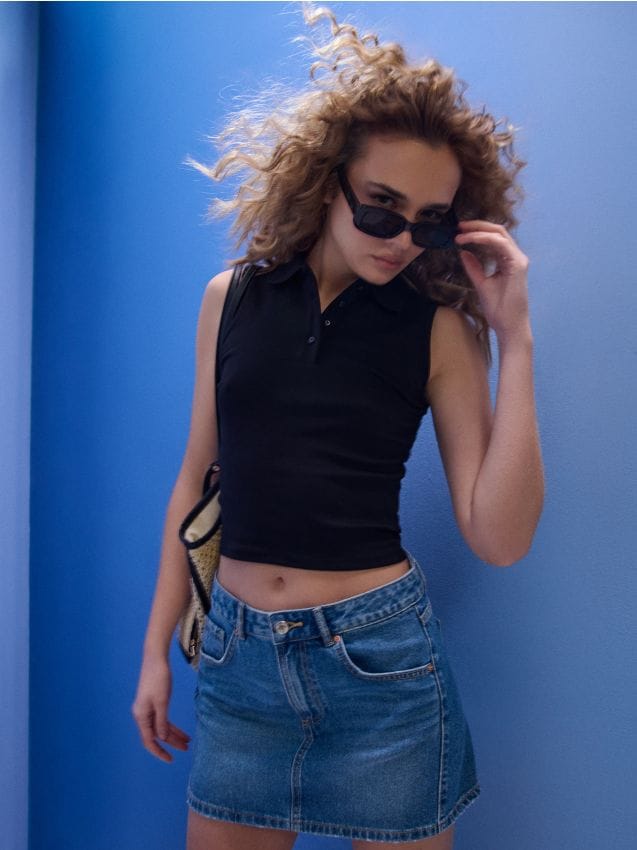 Sinsay - Bluză din bumbac fără mâneci cu guler - negru