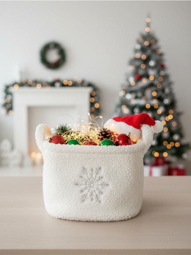 Sinsay - Úložný kôš s vyšívanou snehovou vločkou - krémová
