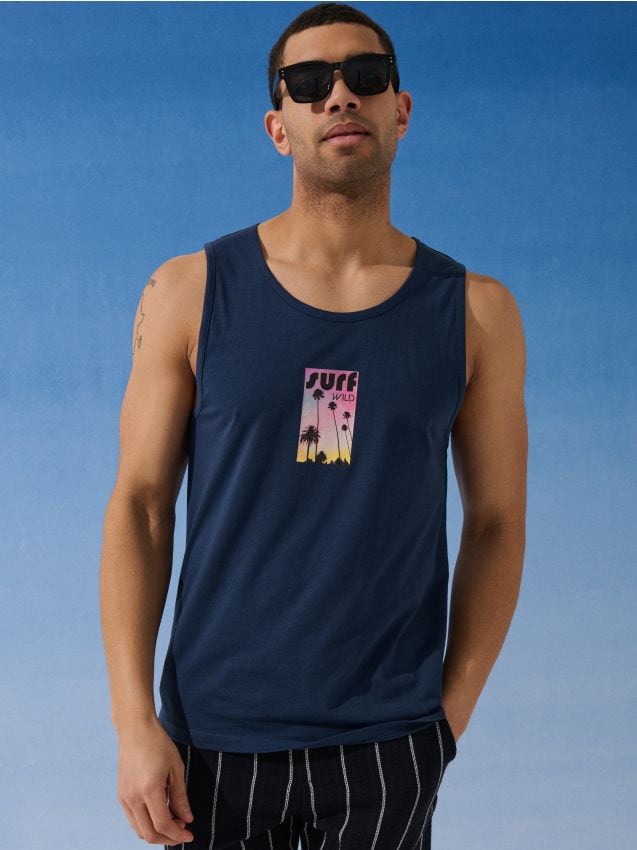 Sinsay - Tricou din bumbac cu imprimeu de vacanță - Gri-albăstrui
