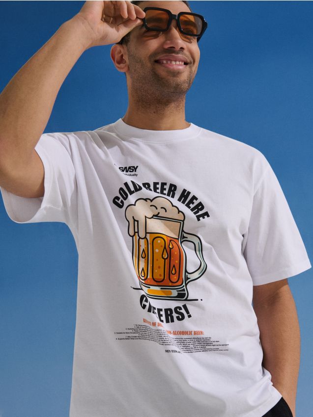 Sinsay - Tricou din bumbac cu imprimeu cu bere - alb