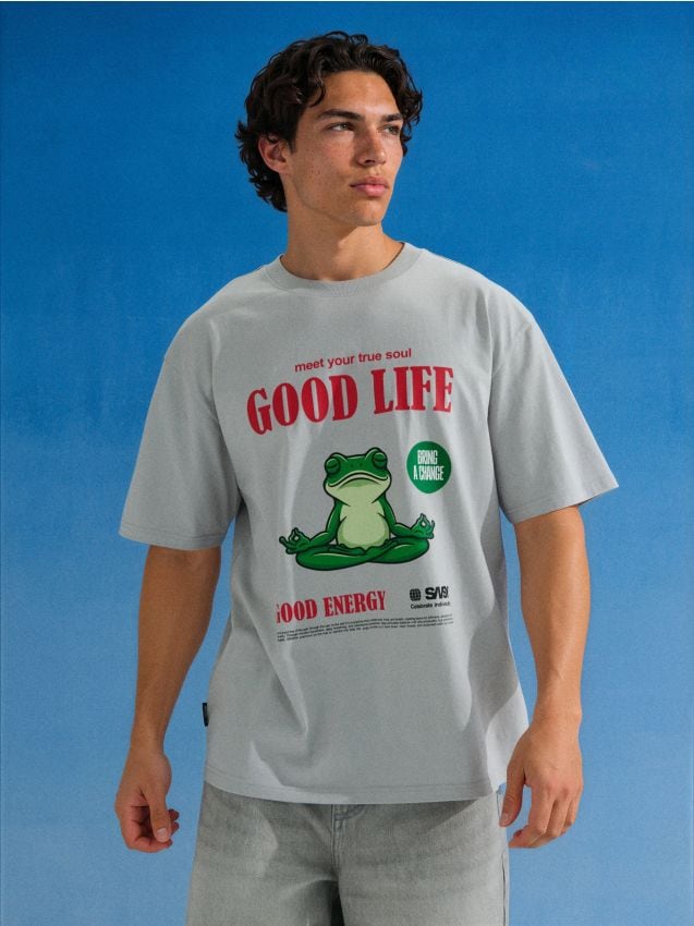 Sinsay - Tricou din bumbac cu imprimeu cu broască - gri deschis