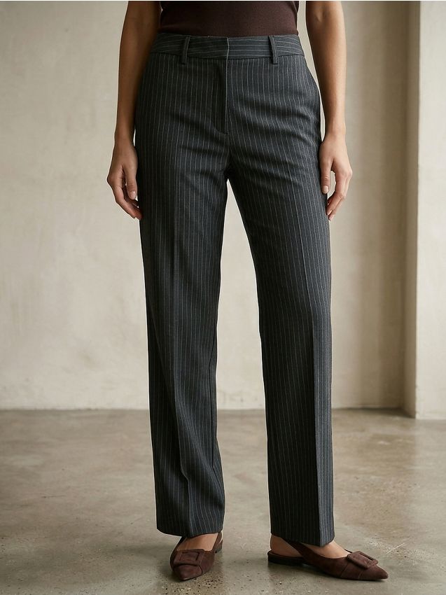 Sinsay - Eleganckie spodnie straight leg w paski z domieszką wiskozy - granatowy