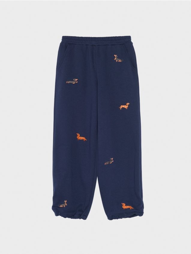 Sinsay - Pantaloni de trening wide leg cu căței brodați și ajustare a cracilor cu șnururi și opritoare - bleumarin