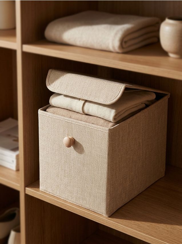 Scatola portaoggetti con coperchio e manico - beige