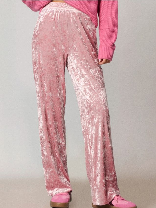 Sinsay - Spodnie wide leg z gniecionego weluru - różowy