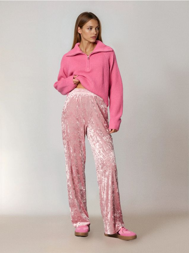 Sinsay - Wide leg nohavice z pokrčeného zamatového materiálu - popolavá ružová