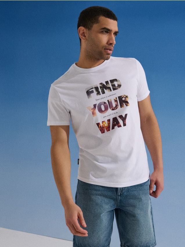 Sinsay - Tricou din bumbac cu inscripție Find Your Way - alb
