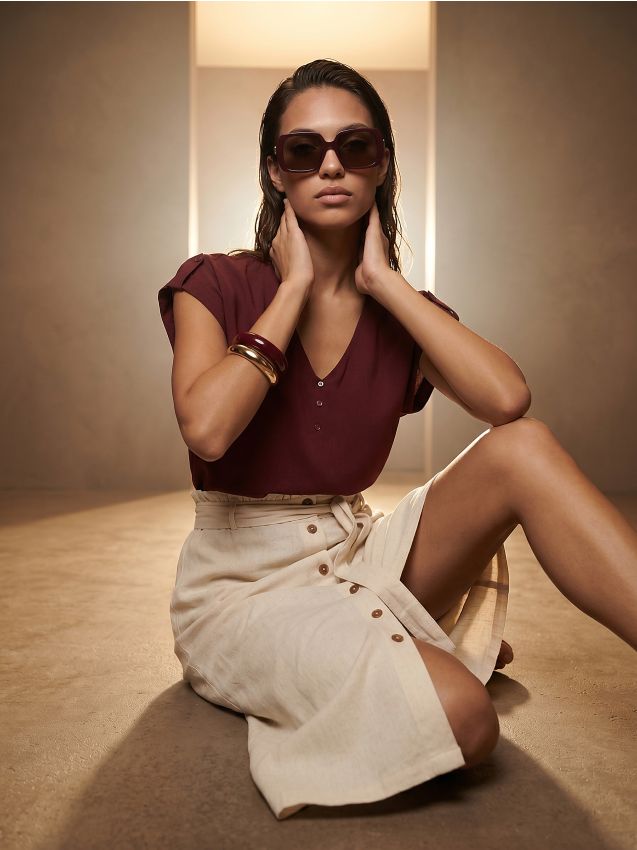 Blusa in viscosa stile camicia con bottoni decorativi - rame