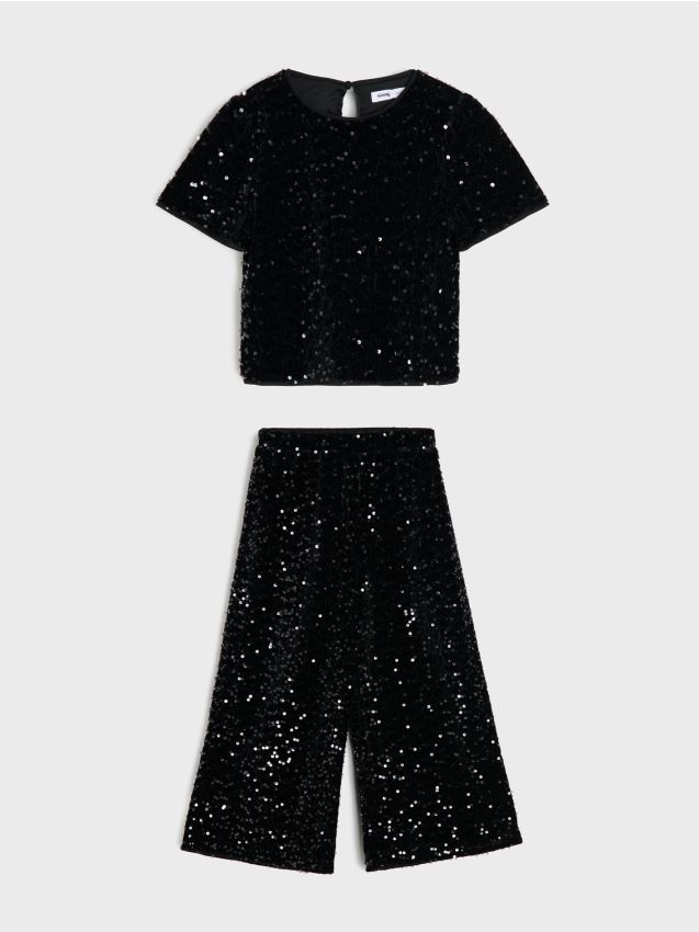 Sinsay - Set: tricou și pantaloni cu paiete - negru