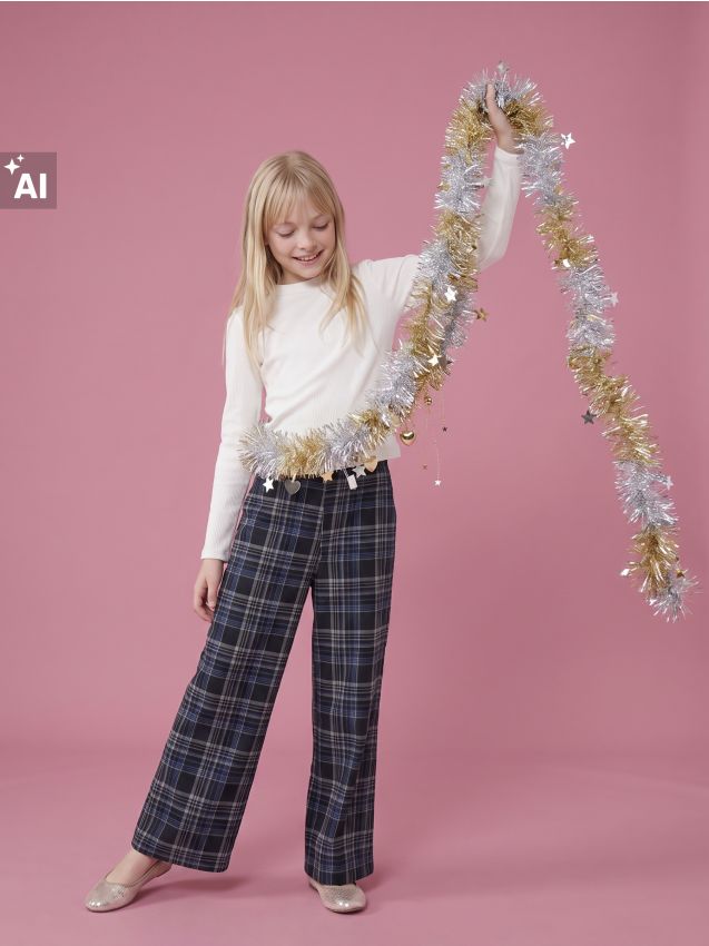 Sinsay - Pantaloni wide leg din flanel în carouri - multicolor