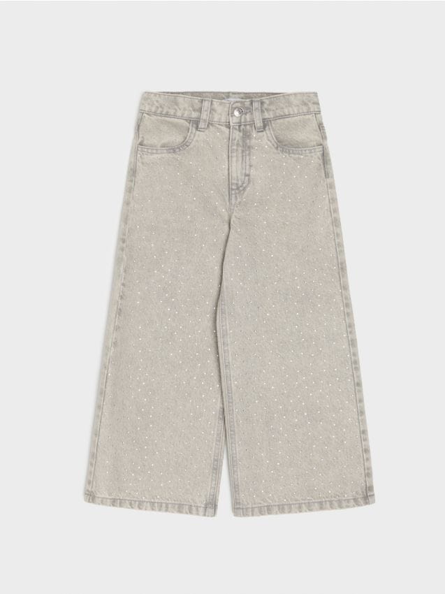 Sinsay - Blugi wide leg din bumbac cu strasuri decorative - gri deschis