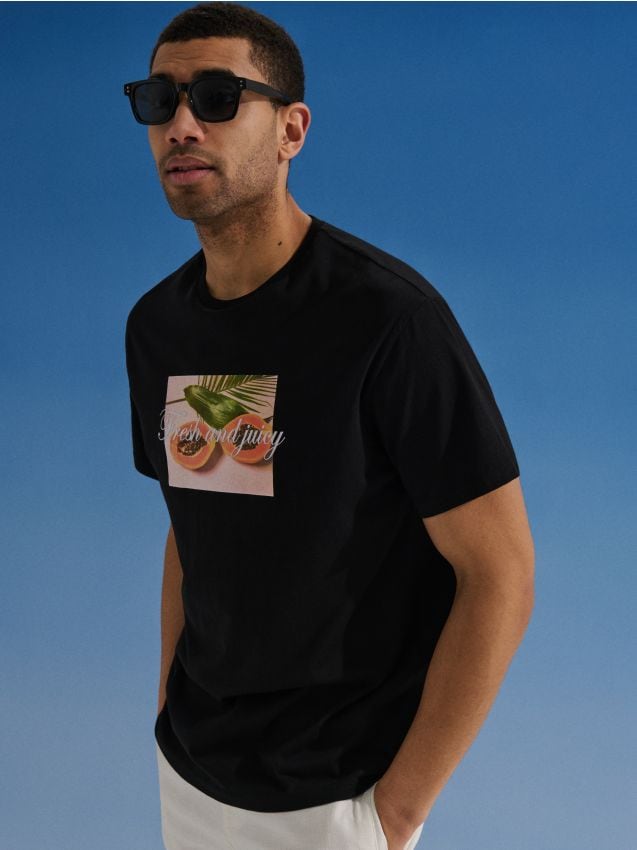 Sinsay - Tricou din bumbac cu inscripție Fresh and Juicy - negru