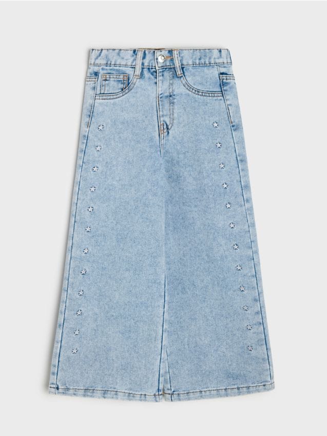 Sinsay - Blugi din bumbac wide leg cu broderie cu steluțe - albastru