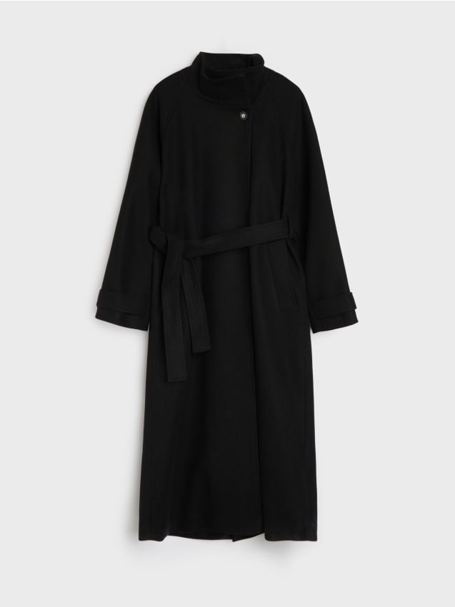 Sinsay - Dlhý klasický kabát s opaskom - čierna