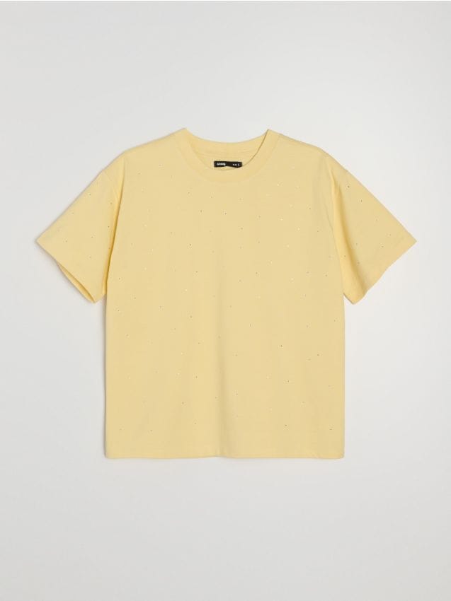 Sinsay - Bawełniana koszulka z cyrkoniami - żółty