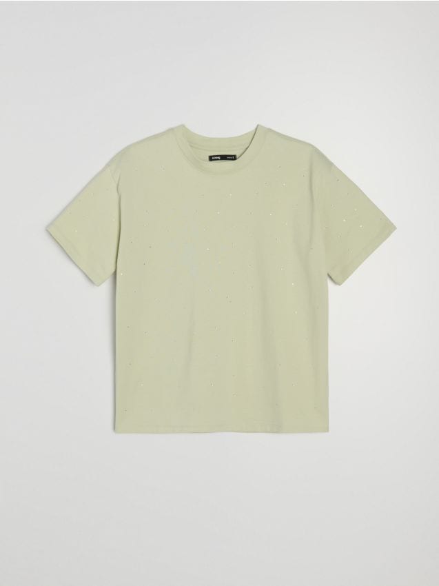 Sinsay - Tricou din bumbac cu strasuri - verde-gălbui