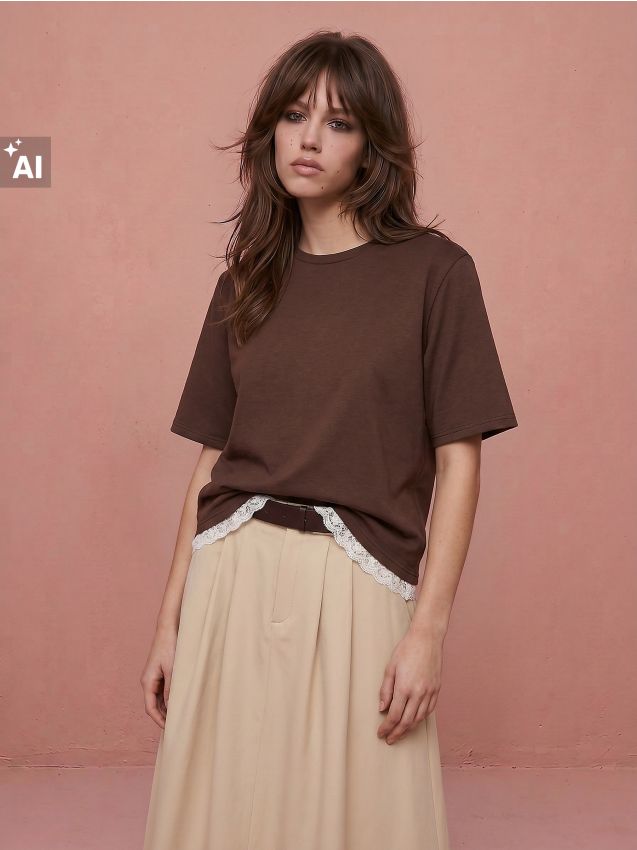 Sinsay - Tricou cu amestec de vâscoză și dantelă - maro