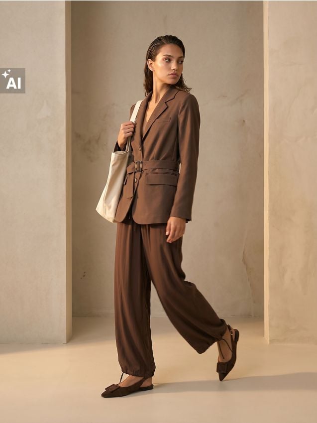 Sinsay - Pantaloni wide leg cu viscoză și legături în talie și la picioare - maro-închis