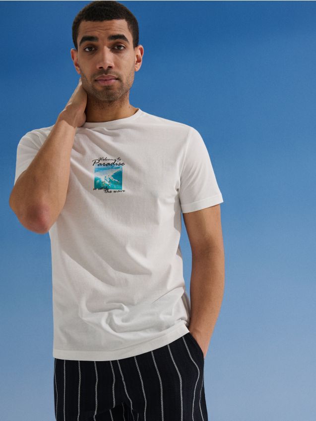 Sinsay - Tricou din bumbac cu imprimeu de vacanță - crem