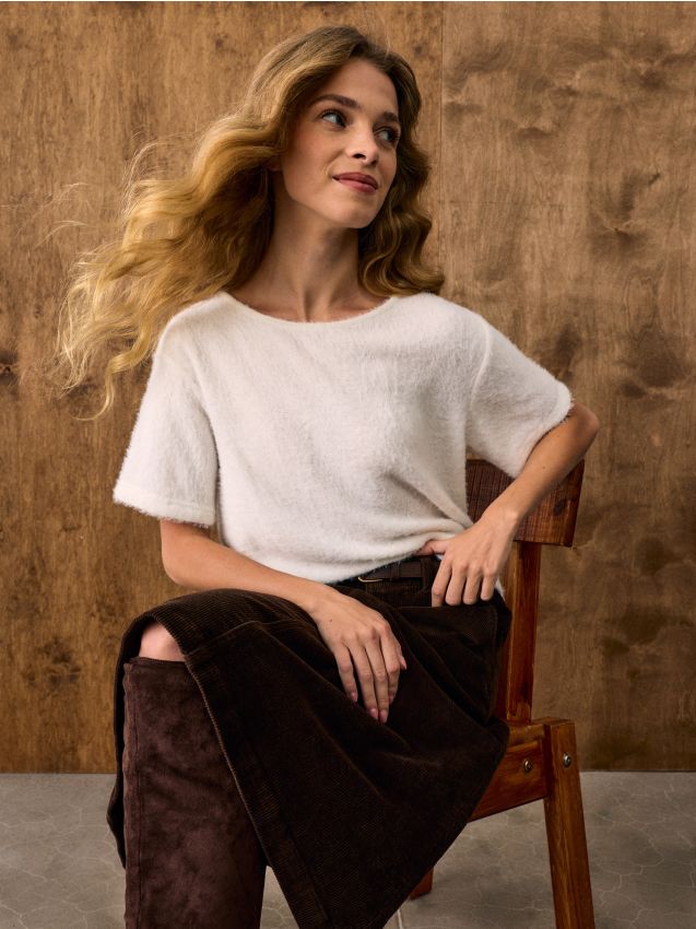 Sinsay - Tricou pufos cu mânecă scurtă - crem