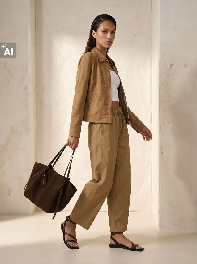 Sinsay - Pantaloni barrel cu legare în talie - verde-oliv cald