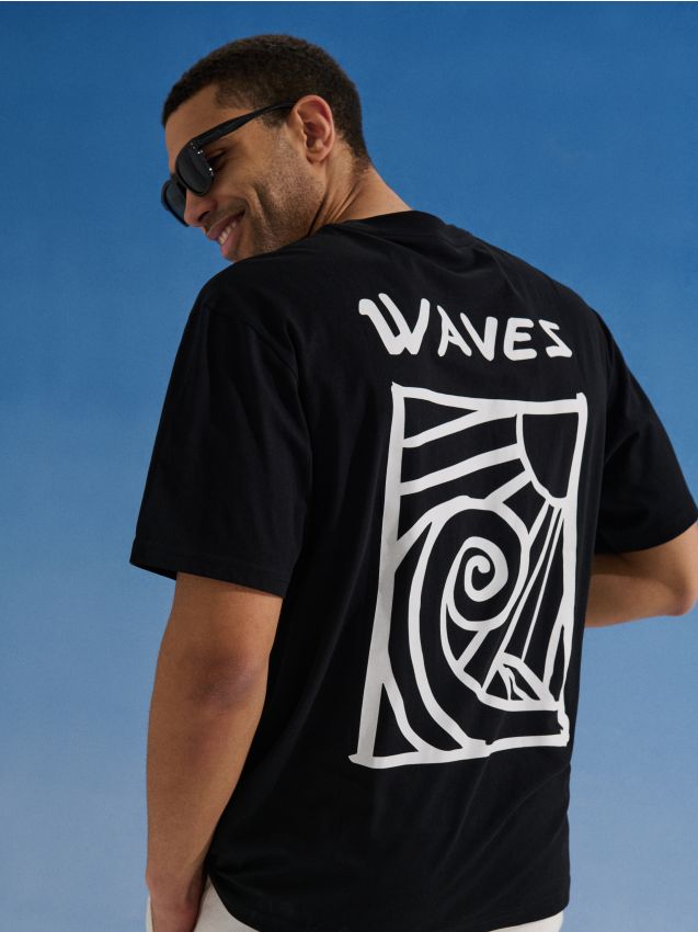 Sinsay - Tricou din bumbac cu inscripție Waves - negru