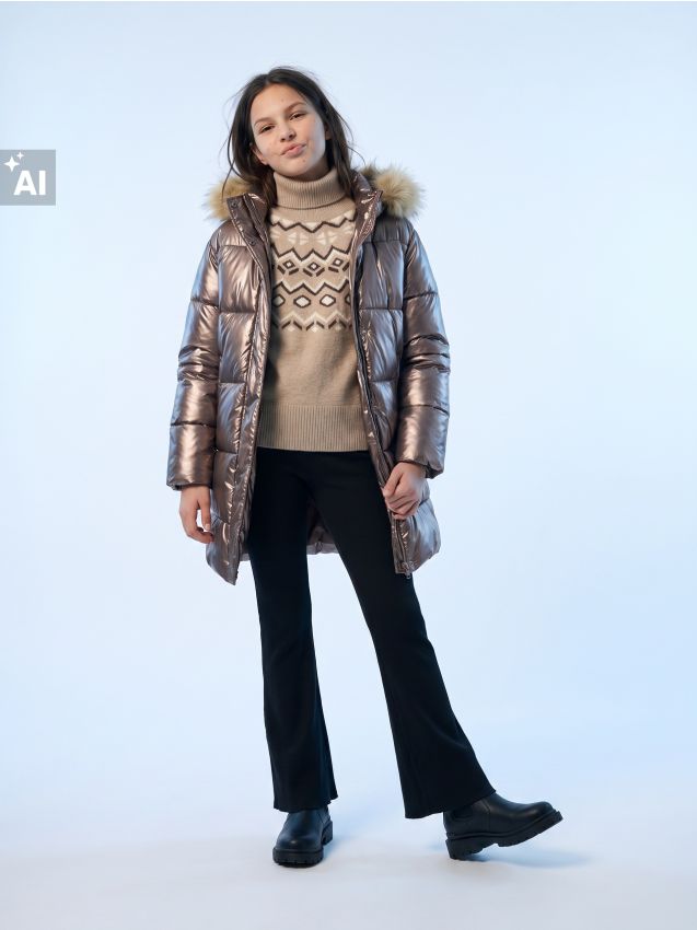 Sinsay - Canadiană matlasată cu blană la glugă - auriu