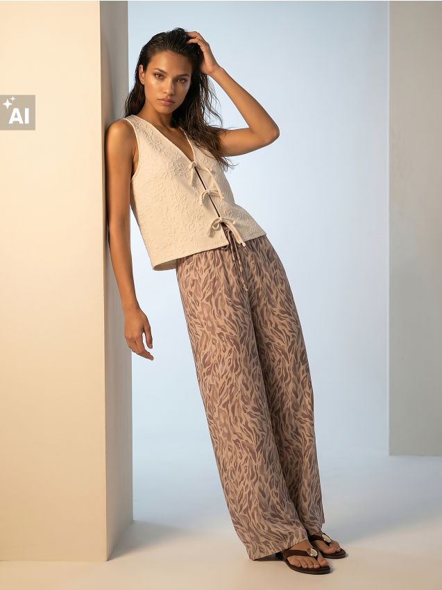 Sinsay - Pantaloni wide leg din viscoză cu motiv vegetal - bej