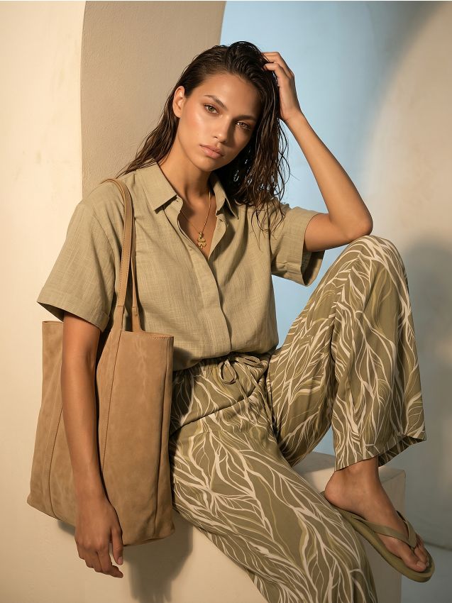 Pantaloni wide leg in viscosa con motivo vegetale - verde scuro