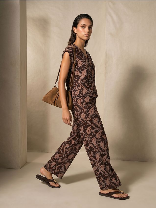 Pantaloni wide leg in viscosa con motivo vegetale - multicolor