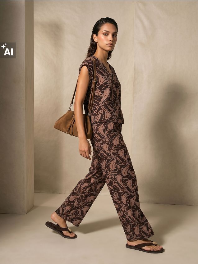 Sinsay - Pantaloni wide leg din viscoză cu motiv vegetal - multicolor